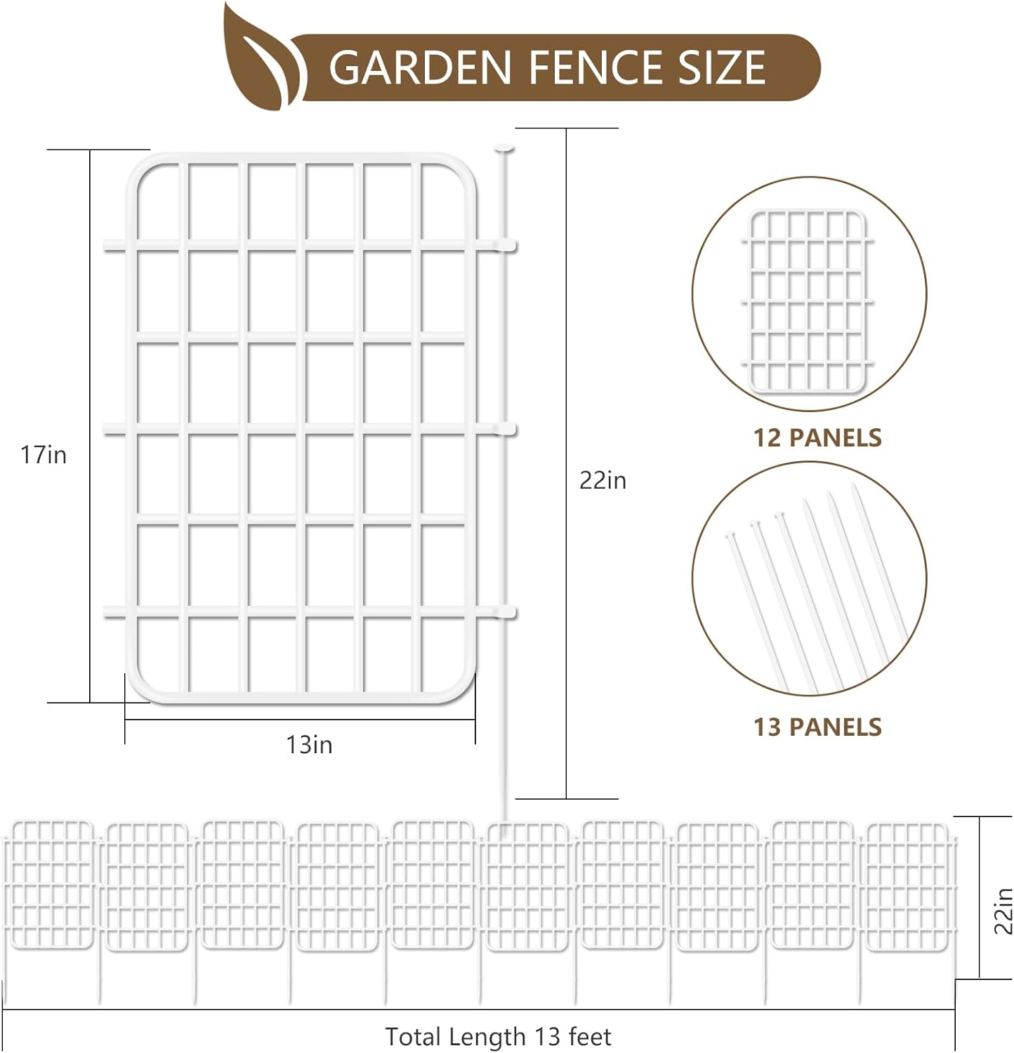 13ft x 17in Garden Fence Animal Barrier, 12 Panels No Dig Fence Border, Rustproof Metal Decorative Garden Fencing with Ground Stake, Flower Bed Edging Border for Dog, Rabbit, Outdoor Patio, White