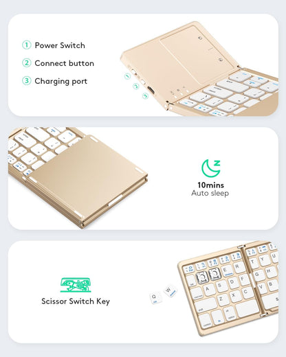 Samsers Foldable Bluetooth Keyboard with Touchpad - Portable Wireless Keyboard with Holder, Rechargeable Full Size Ultra Slim Pocket Folding Keyboards for Android Windows iOS Tablet & Laptop - Gold