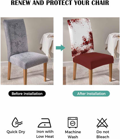 6 Pcs Dining Chair Covers Stretch Spandex Slipcovers Halloween Horror Bloody Handprint Removable Washable Dining Room Seat Cover Cushion Protector for Home Hotel Banquet Decor Red Blood White