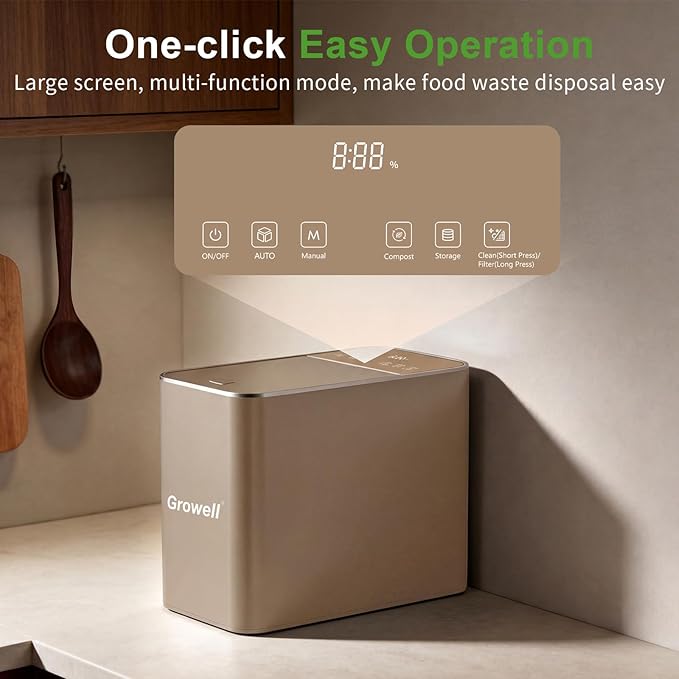 Electric Composter for Kitchen, 3.2L Smart Odorless Compost Bin, Low Noise & Odorless, Indoor Countertop Food Waste Composter with LED Display, One-Touch Operation, Auto-Cleaning, EC04