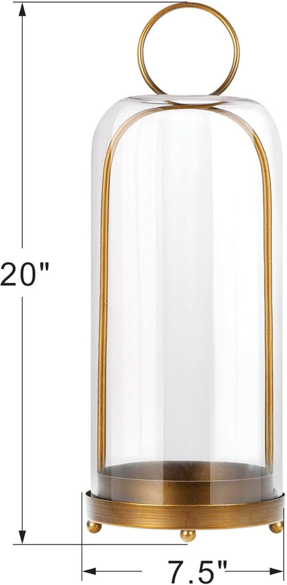 20" High Versatile Modern Metal Hurricane Lantern with Handmade Sturdy Glass Dome for Pillar Candle & Plants (Brass, 7.5"x20")
