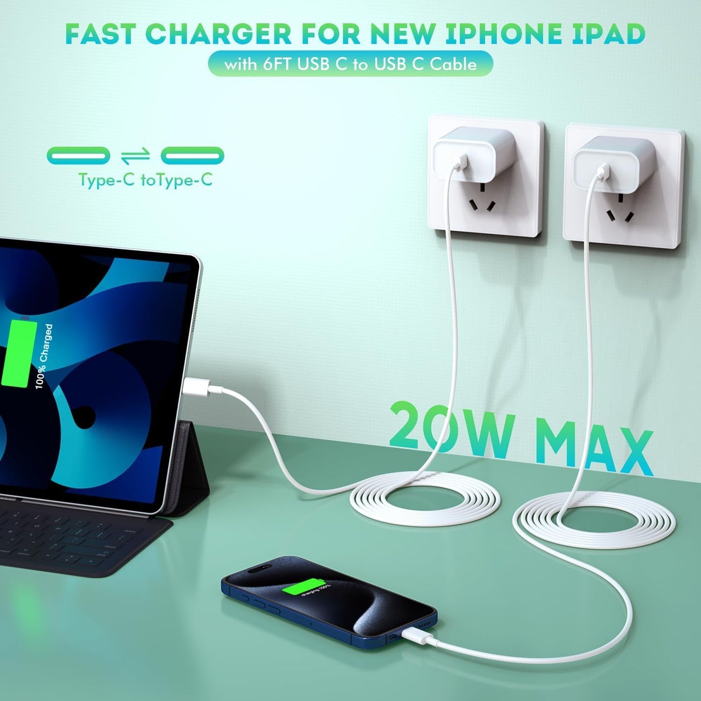 6FT iPhone 16 15 Charger Fast Charging, 2Pack 20W USB C Apple Charger Travel Plug Block Phone Charging Cable Cord for iPhone 16/16e/16 Pro Max/16 Plus/15/15 Pro/15Pro Max/iPad Mini6/iPad Air5/iPad Pro