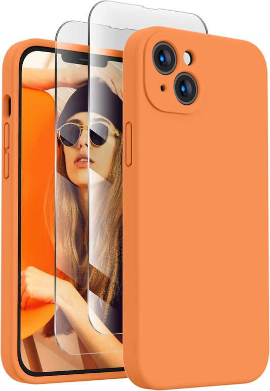 FireNova Designed for iPhone 13 Case, Silicone Upgraded [Camera Protection] Phone Case with [2 Screen Protectors], Soft Anti-Scratch Microfiber Lining Inside, 6.1 inch, Kumquat