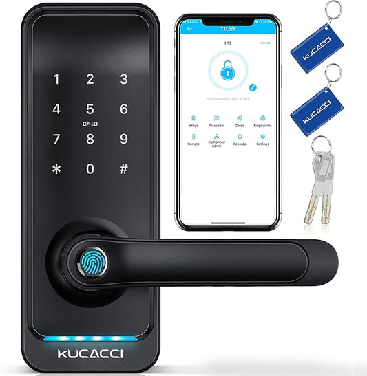 Smart Door Lock with Handle: Kucacci Keyless Entry Digital Door Lock for Front Door - Fingerprint Keypad Smart Dnob - Generate Passcode Remotely - App Control - Easy Installation(Black)