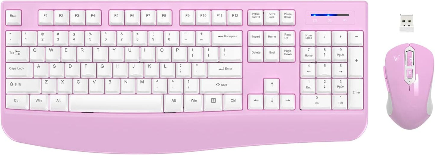 Wireless Keyboard and Mouse Combo, EDJO 2.4G Full-Sized Ergonomic Computer Keyboard with Wrist Rest and 3 Level DPI Adjustable Wireless Mouse for Windows, Mac OS Desktop/Laptop/PC(White Pink)