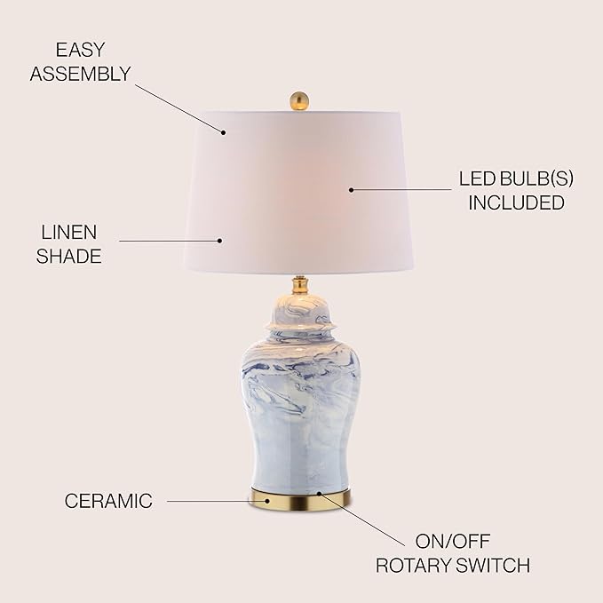 JONATHAN Y 26" Blue and White Marble Ceramic Table Lamp, Traditional Ginger Jar Style with Brass Gold Base, White Linen Drum Shade, LED Bulb Included JYL3010A