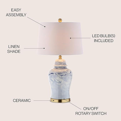 JONATHAN Y 26" Blue and White Marble Ceramic Table Lamp, Traditional Ginger Jar Style with Brass Gold Base, White Linen Drum Shade, LED Bulb Included JYL3010A