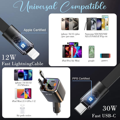 4 in 1 Retractable Car Charger for iPhone,69W USB-C Fast Car Charger,Cigarette Lighter Adapter,Fast Charging for iPhone 16/15/14/13/12/11 Pro Max,Galaxy,iPad,Pixel (USB-C&Light-ning) Alloy Black