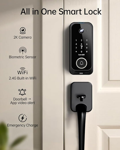 Smart Front Door Lock Sets: 2K HD Camera Lock with Doorbell Kits, Hornbill Fingerprint Keyless Entry Door Lock with Handles, WiFi Deadbolt(only 2.4G) for Remote Control, Free APP/Alexa/PIR, Black