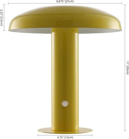 JONATHAN Y 11" Yellow Rechargeable LED Mushroom Table Lamp, Cordless Portable Dimmable Mid-Century Modern Accent Lamp, with Metal Shade, Touch Sensor (JYL7114C)