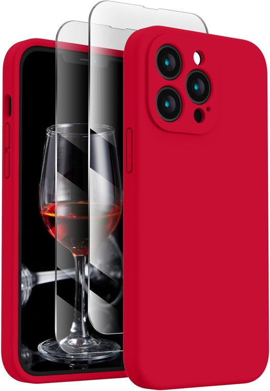 FireNova Designed for iPhone 13 Pro Max Case, Silicone [Camera Protection] Phone Case with [2 Screen Protectors], Soft Anti-Scratch Microfiber Lining Inside, 6.7 inch, Deep Red