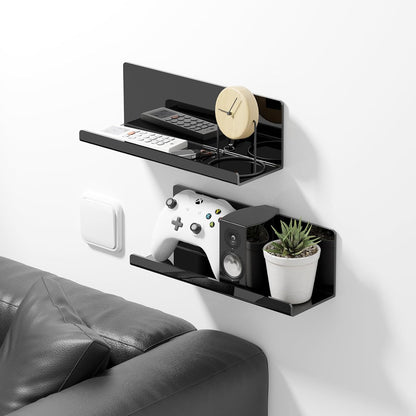 Acrylic Floating Shelves for Wall No Drilling, Self Adhesive Space-Saving Shelves, 12 Inch Floating Shelf Stick on Wall Shelf, for Bathroom, Kitchen, Bedroom, Office, Gaming Room, Black