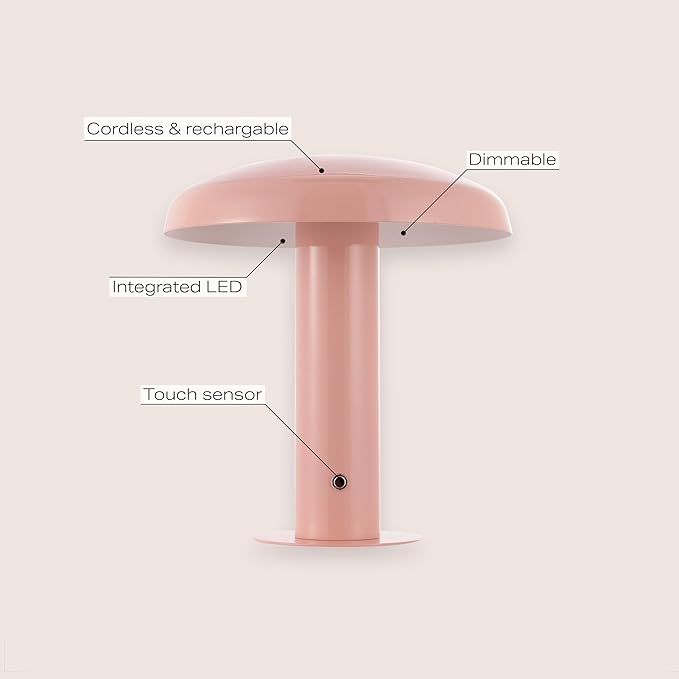 JONATHAN Y 11" Pink Rechargeable LED Mushroom Table Lamp, Cordless Portable Dimmable Mid-Century Modern Accent Lamp, with Metal Shade, Touch Sensor (JYL7114E)