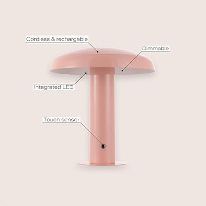 JONATHAN Y 11" Pink Rechargeable LED Mushroom Table Lamp, Cordless Portable Dimmable Mid-Century Modern Accent Lamp, with Metal Shade, Touch Sensor (JYL7114E)