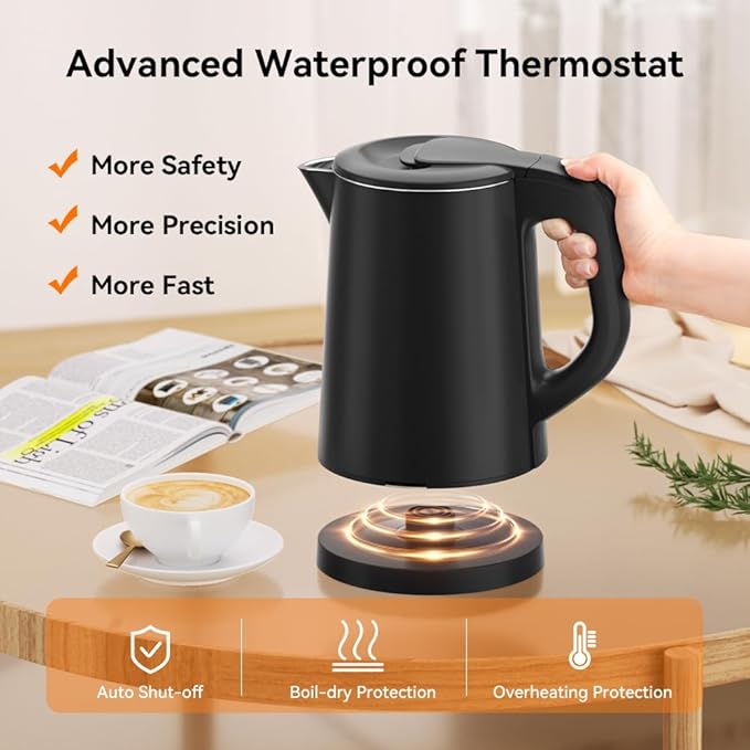 0.8L Travel Electric Kettle Small 900W Fast Boiling Water Heater, Double Wall 304 Stainless Steel Portable Mini Hot Water Boiler with Auto Shut-Off and Boil Dry Protection