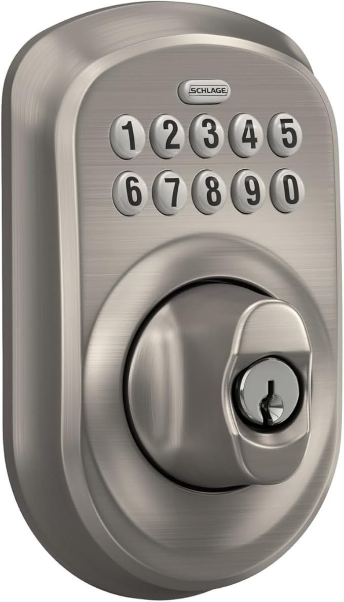 Schlage BE365 PLY 619 Plymouth Keypad Deadbolt, Electronic Keyless Entry Lock, Satin Nickel