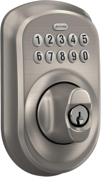 Schlage BE365 PLY 619 Plymouth Keypad Deadbolt, Electronic Keyless Entry Lock, Satin Nickel