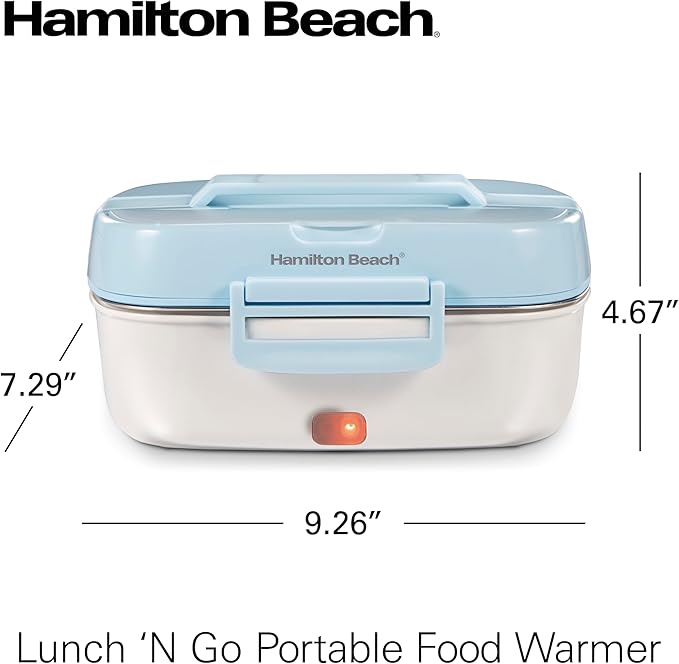 Hamilton Beach Portable Electric Lunch Box Food Warmer for Office & Car with 12V Adapter, 120V Plug, Stainless Steel 3 Compartment Tray, Insulated Carrying Bag, Fork & Spoon, Blue (33105)