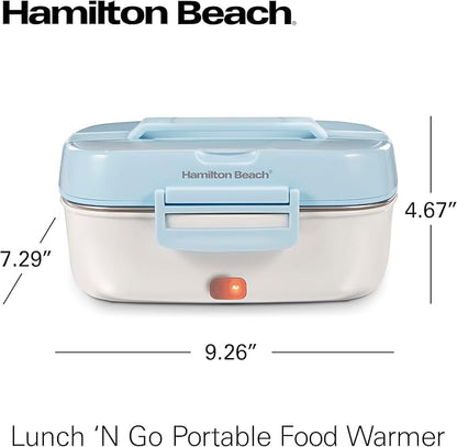 Hamilton Beach Portable Electric Lunch Box Food Warmer for Office & Car with 12V Adapter, 120V Plug, Stainless Steel 3 Compartment Tray, Insulated Carrying Bag, Fork & Spoon, Blue (33105)