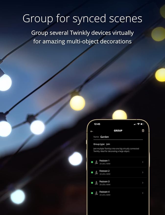 Twinkly Festoon App-Controlled LED Bulb Outdoor String Lights w/ 40 AWW (Warm to Cool White) LEDs, 65.6 ft Patio Lights, Outside Lights w/Black Cable. Smart Indoor Outdoor Lights Decoration