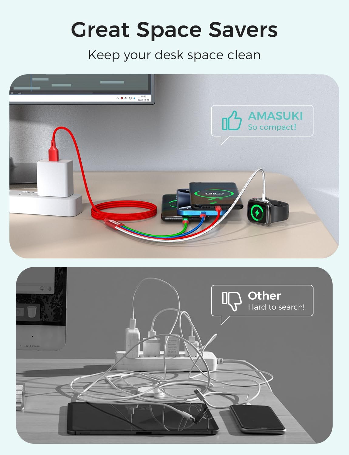 2Pack Travel Essentials Multi Charging Cable for Watch Charger 4 in 1 Fast Charger Camping Essentials USB C/L/Micro Compatible with Watch Series 10-1/SE/Ultra Phone 16 15/Galaxy Android-4FT/Red