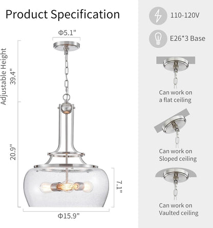 WUZUPS Chandelier Rustic Farmhouse Industrial Round Ceiling Pendant LED Light Fixture Clear Seeded Glass Shade for Dining Room Kitchen Island Foyer Entryway, H 20.9" x W 15.9", Brushed Nickel