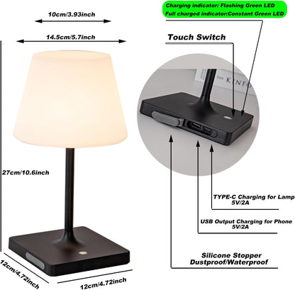 Outdoor Rechargeable Table lamp Cordless, Battery Operated Night Lights,Waterproof lamp for Shower,4000mAh LED 3 Colors Dimmable Touch Bedside Lamp for Coffee Shop Bath Patio -Black