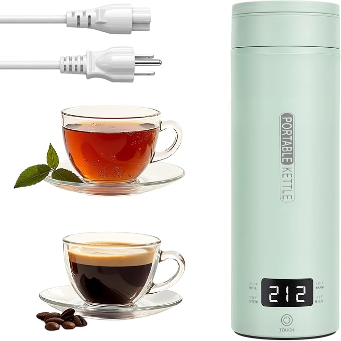 Portable Electric Kettle forTravel, Small Hot Water Kettle with NTC Temperature Control and Auto Shut-Off, 316 Stainless Steel, Green 110V & 15oz