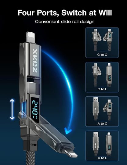 4 in 1 USB C Cable with Wattage Display, 240W Flat Nylon Braided Multi Charge Cable with Data Sync, USB C Charging Cord Combo Type C/USB A/L Port for iPhone/iPad/Samsung/Laptop, 5FT