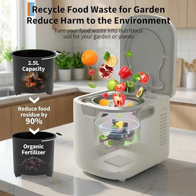 2.5L Electric Countertop Compost Bin, Food Cycler with Auto-Clean & LED Display, Quiet Odor-Free Food Waste Recycler for Kitchen, Turns Scraps into Fertilizer for Garden