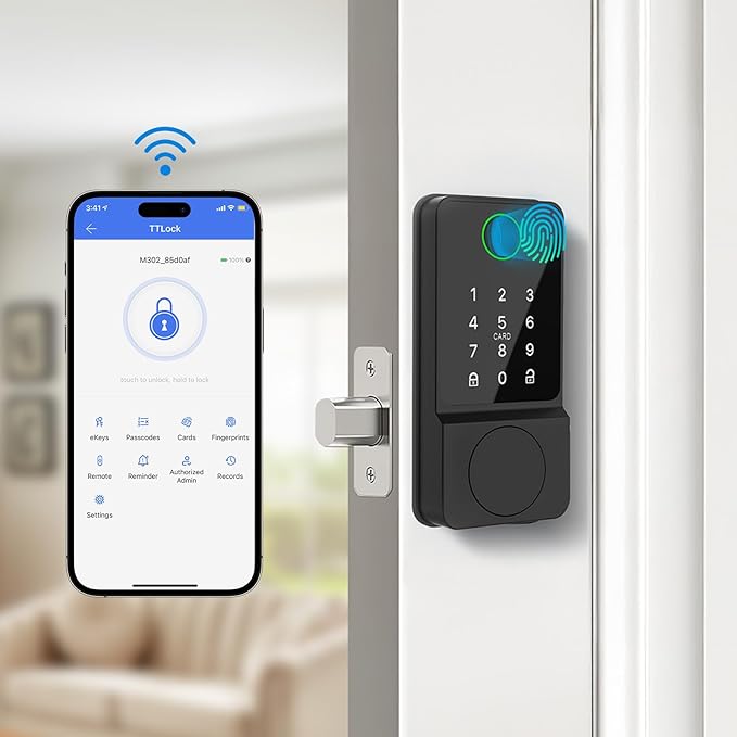 Smart Door Lock Keyless Entry with Fingerprint Touchscreen Keypad APP IC Card Key Type-C Charging Unlocking 6 In 1 Electric Biometric Digital Deadbolt for Front Doors Home Apartment Auto-Locking
