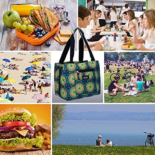 Nicole Miller Insulated Lunch Bag Tote –Open Cooler Ice Bag Lunch Box for Food with Drink Bottle Holder for Women, Men, Picnic, Boating, Beach, Fishing & Work(Kaleidoscope Teal)