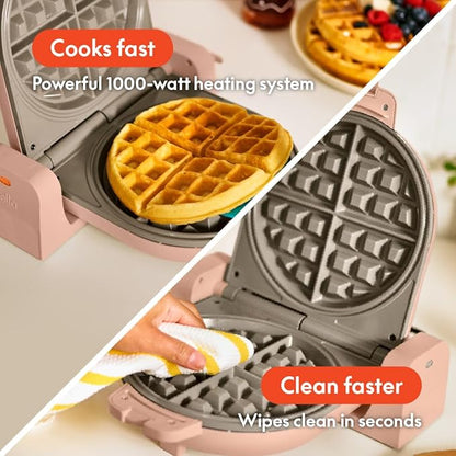 bella Flip-n-Store Waffle Maker with EverGood™ Ceramic Nonstick Coating, Fits-anywhere™ Kitchenware, Power Indicator Light, Cool Touch Handle & Cord Wrap, 7” Wide & 1" Deep Plates, 1000 Watt, Blossom