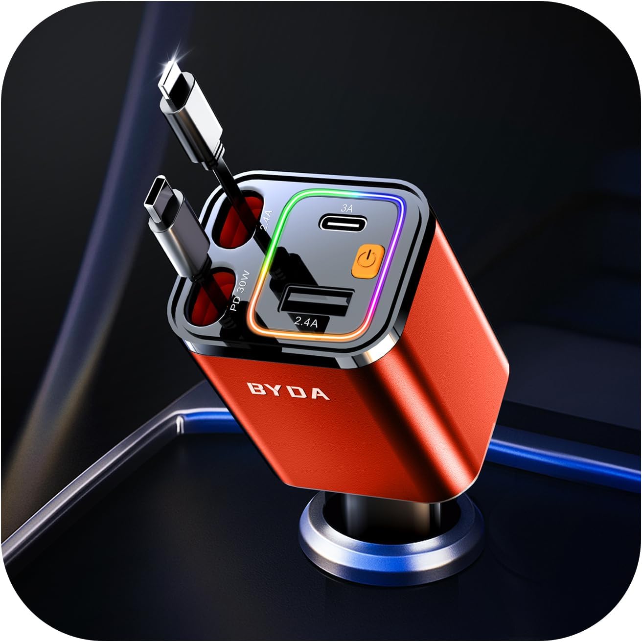 [2025 Mirco-Version] 4 in 1 Retractable Car Charger,69W Car Charger USB C,Cigarette Lighter Adapter,Fast Charging for iPhone 16e/16/15/14,13,Android (Orange, for Lightning+USB-C)