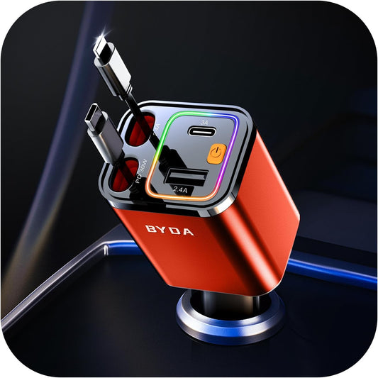 [2025 Mirco-Version] 4 in 1 Retractable Car Charger,69W Car Charger USB C,Cigarette Lighter Adapter,Fast Charging for iPhone 16e/16/15/14,13,Android (Orange, for Lightning+USB-C)