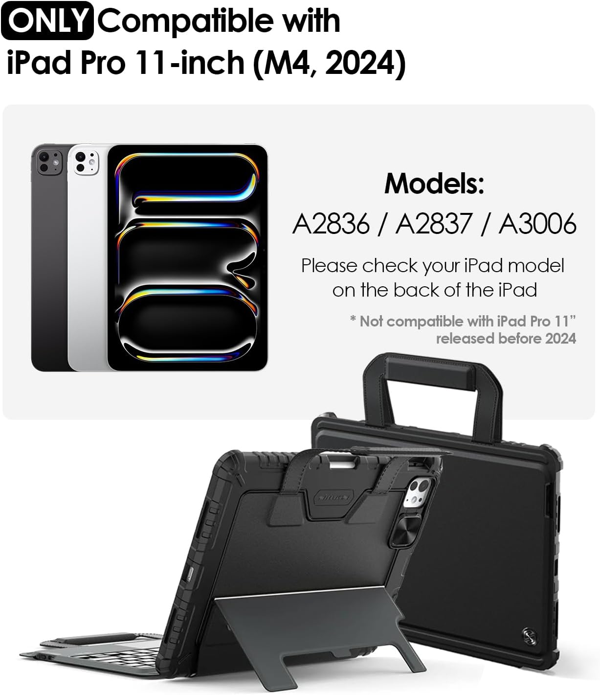 Nillkin Carry Go Keyboard Case for iPad Pro 11 inch (M4) 2024 with Handle, Rugged Case with Detachable Keyboard for iPad Pro 11, Magic Trackpad, 7 Colors Backlit, Camera Cover, Black