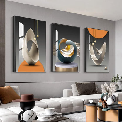 MPLONG Wall Art, Bright Style Framed Wall Art, Abstract Modern Art Shape Pattern White Blue Yellow Grey Wall Art Artfully Matching Living Room Bedroom Office Wall Decor - 16"x 24"x 3 Panels