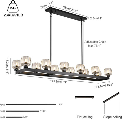 59 Inch Black Rectangle Wagon Wheel Chandeliers, Black Chandelier for Dining Room Over Table, Modern Crystal Long Chandelier, Farmhouse Large Linear Chandeliers for Kitchen Island