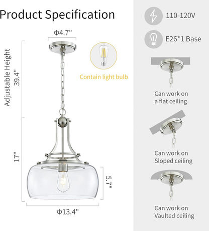 WUZUPS Chandelier Rustic Farmhouse Industrial Round Ceiling Pendant LED Light Fixture with Clear Glass Shades for Dining Room Kitchen Island Foyer Entryway, H 17" x W 13.4", E26 Base, Brushed Nickel