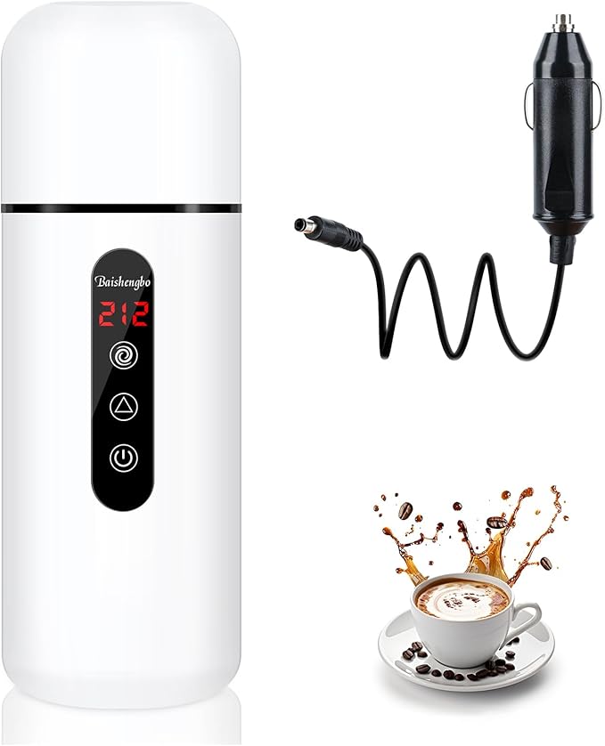 Car Kettle, 12V/24V Portable Electric Travel Kettle 420ML & 304 Stainless Steel Water Boiler with Built-in Magnetic Induction Stirring Temperature Adjustable Mini Water Heater for Tea Coffee Milk