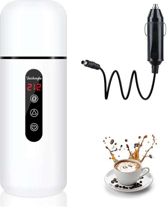 Car Kettle, 12V/24V Portable Electric Travel Kettle 420ML & 304 Stainless Steel Water Boiler with Built-in Magnetic Induction Stirring Temperature Adjustable Mini Water Heater for Tea Coffee Milk