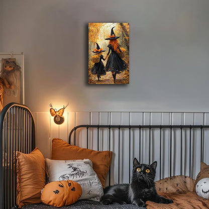 Mother Witch And Child Daughter Witch Wall Art,Halloween Autumn Woodland Forest Path Picture,Family Room Nursery Playroom Kids Room Decor,16"x24" Framed