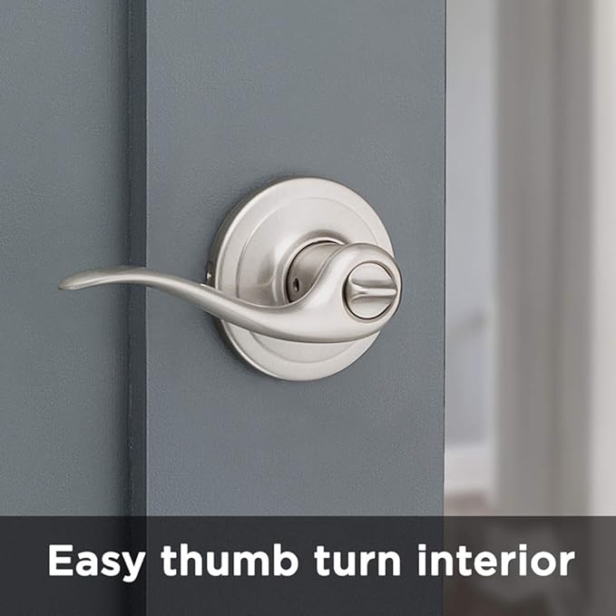 Kwikset Tustin Interior Privacy Door Handle with Lock, Door Lever For Bathroom and Bedroom, Satin Nickel Reversible Keyless Turn Lock, with Microban Protection