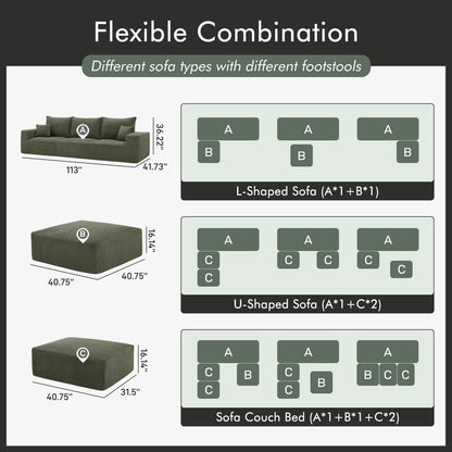 Boneless Sectional Cloud Couch Sofa Bed for Living Room, 112" Modular Modern Lounge 3 Seater Sleeper Green Couches with Chaise, No Assemble, Cordury Compression Upholstered Sofas