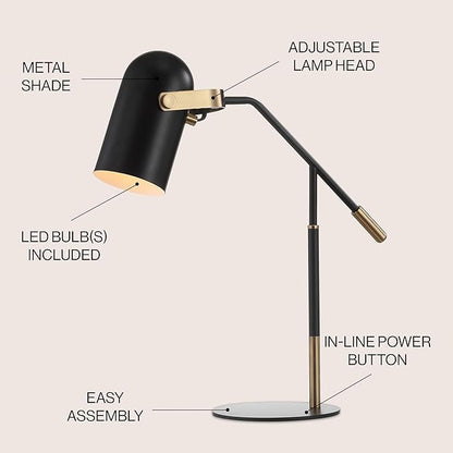JONATHAN Y 19.25" Black/Brass Gold Edison Metal LED Task Lamp, Contemporary Industrial Adjustable Desk Lamp for Home Office, Reading, UL Listed, LED Bulb Included JYL6116A