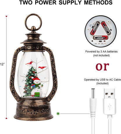 Christmas Snow Globe Lantern Water Glittering Snowman with Christmas Tree, USB Lined/Battery Operated Lighted Lantern for Christmas Festival Decoration Gifts