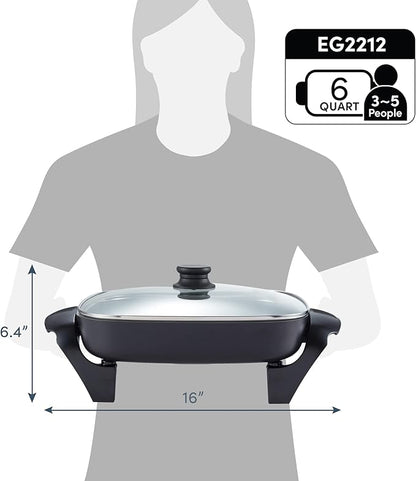 Elite Gourmet 12"x12"x2.15” Ceralast™ PFAS Free Ceramic Electric Skillet, Dishwasher Safe, Rapid Heat Up, 1200W, Dark Grey