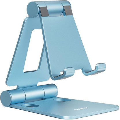 Nulaxy Dual Folding Cell Phone Stand, Fully Adjustable Foldable Desktop Phone Holder Cradle Dock Compatible with Phone 15 14 13 12 11 Pro Xs Xs Max Xr X 8, Nintendo Switch, All Phones - Blue
