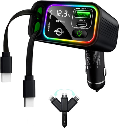 Retractable Car Charger USB C,145W Type C Car Charger Fast Charging with Dual Retractable USB C Cable and USB Ports, Compatible with iPhone 16/15,S25/24/23/22, Pixel 9/8/7