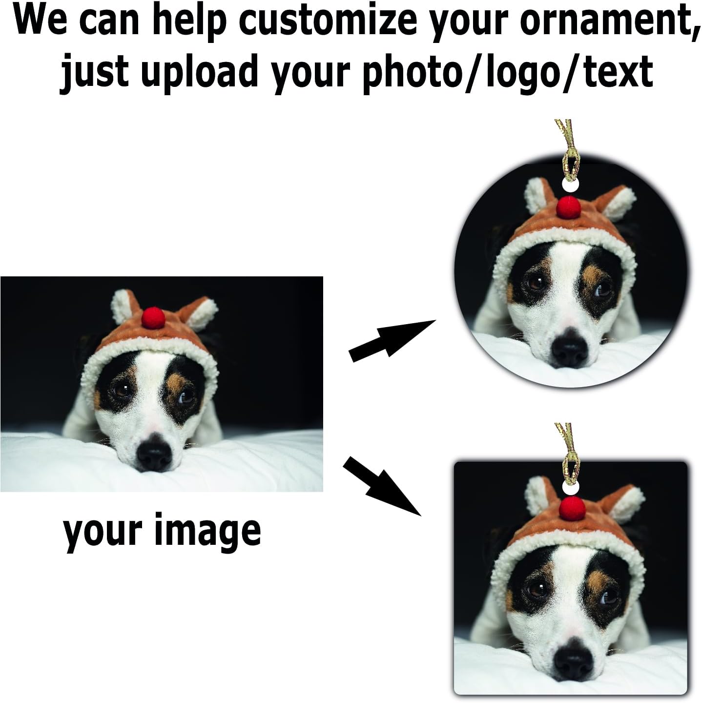 Personalized Christmas Ornament, Add Photo Text or Art Design and Make Your own Customized Porcelain Ceramic Ornament, Gold String and Gift Bag Included (Square)